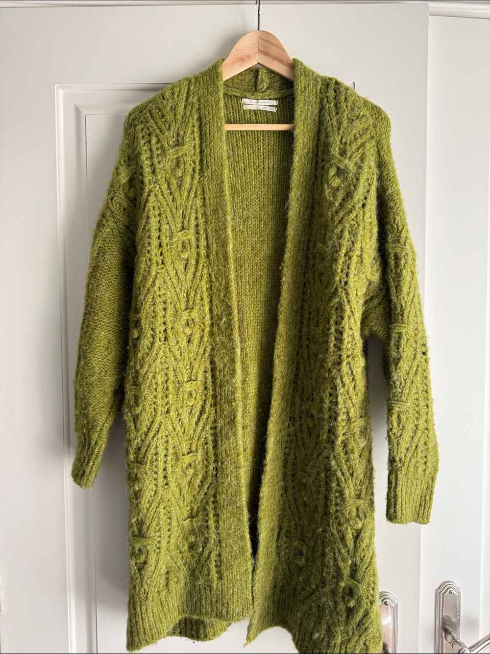 Anthropologie Lime Green Open-Front Cable Knit Cardigan
